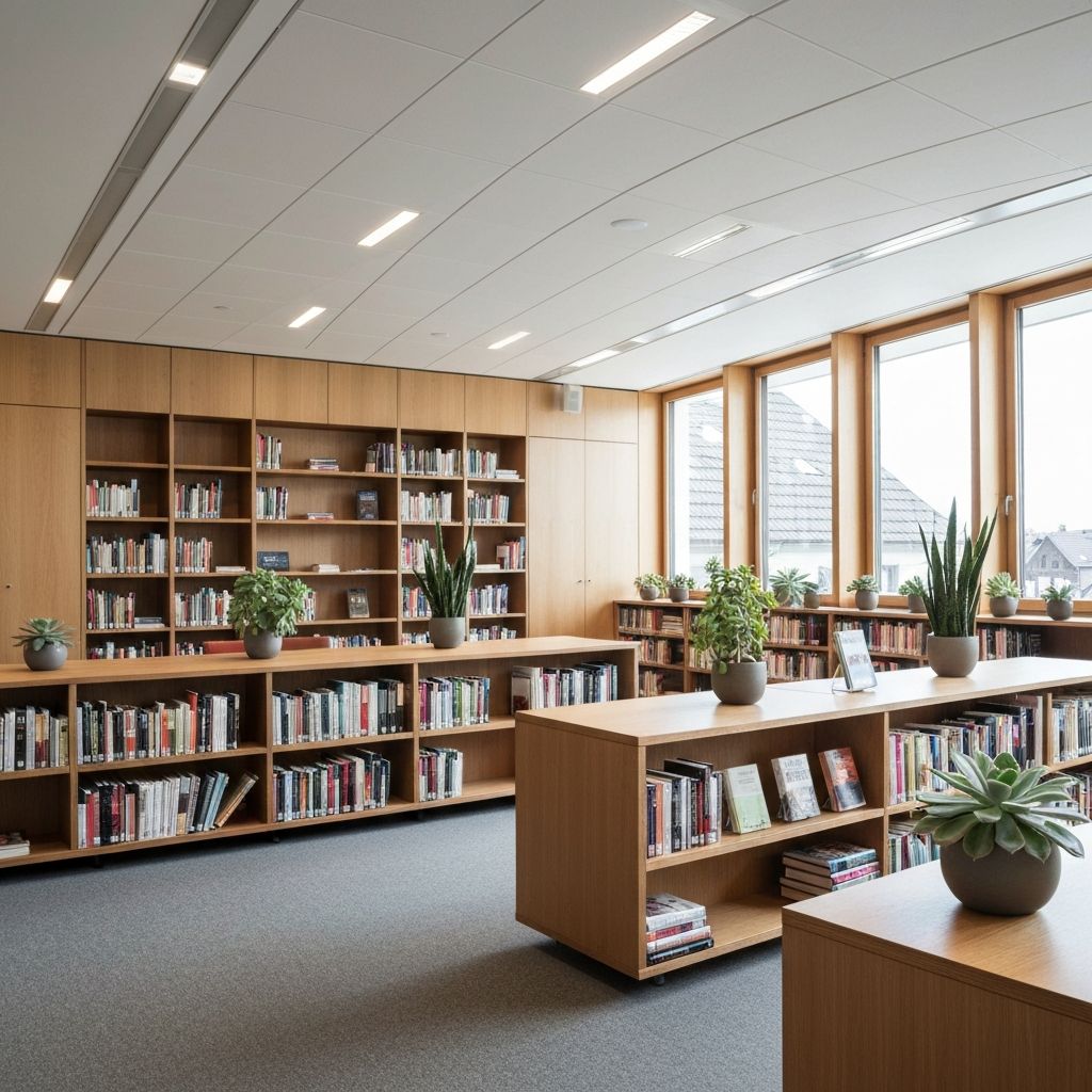 Espace de recherche institutionnel avec livres et plantes